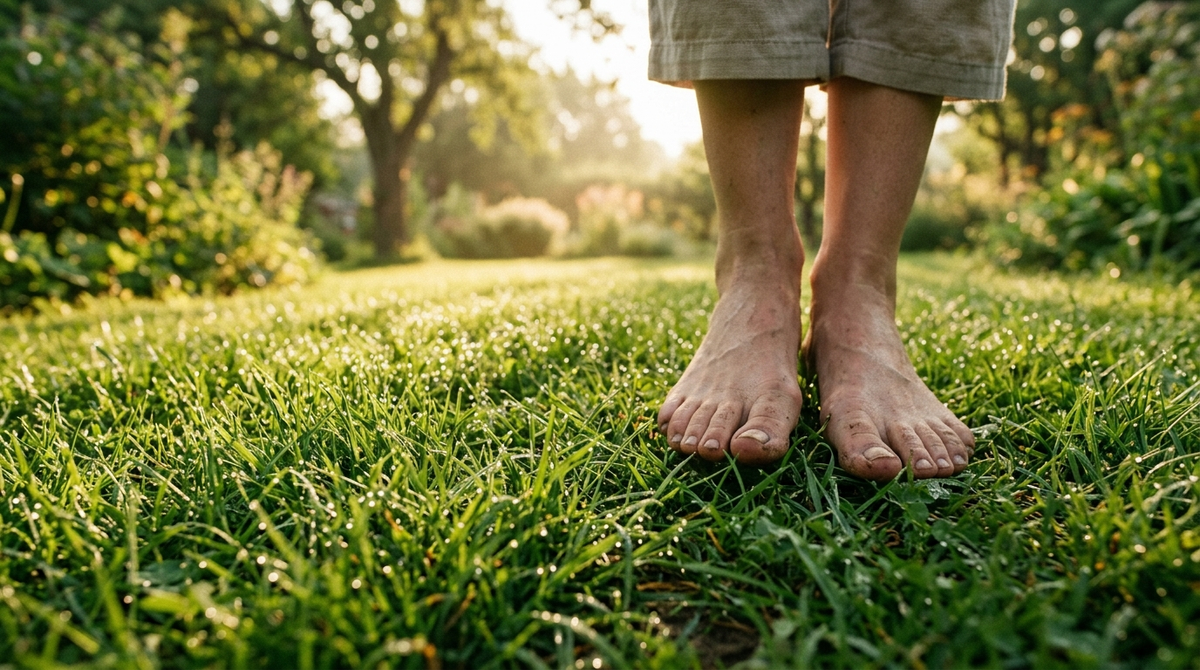 Bare feet standing on dewy green grass at golden hour, grounding (earthing)