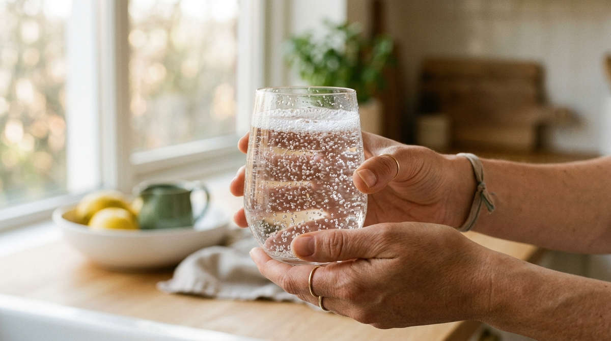 Hands holding a glass of effervescent water, magnesium citrate