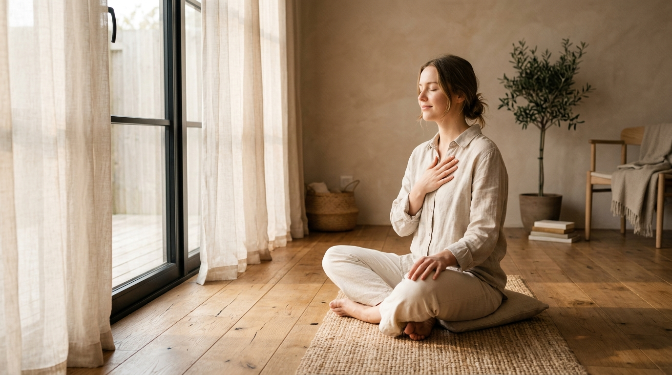Person sitting peacefully by a window with hand on chest in deep breathing pose — activating the passive (parasympathetic) nervous system