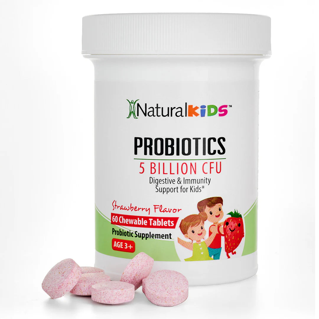 NaturalKids® PROBIOTICS™ Komprimieren Sie 5 Millionen UFC pro Portion | Compresse probiotiche masticabile 60 compresse masticabile | Gusto Fragola