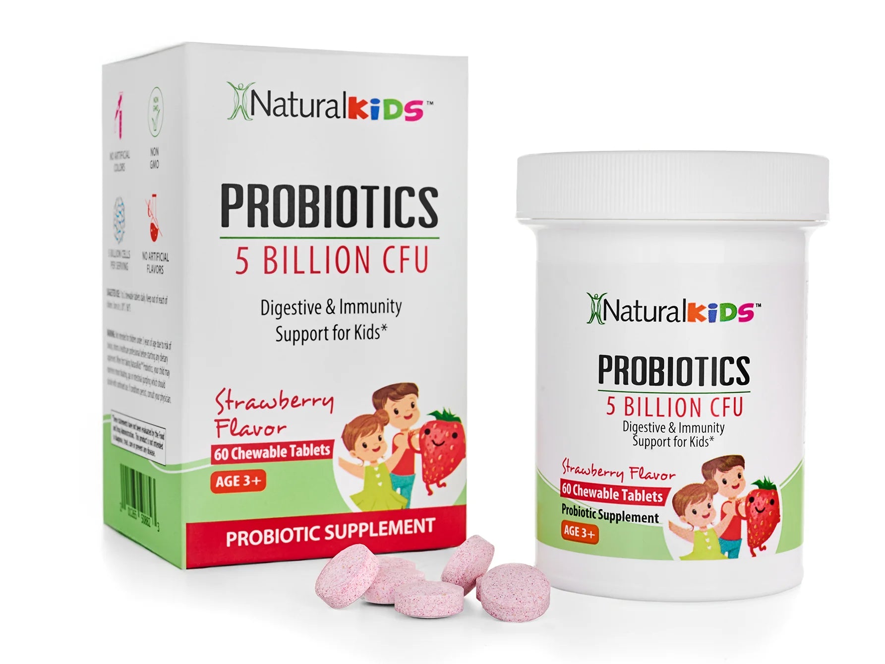 NaturalKids® PROBIOTICS™ Komprimieren Sie 5 Millionen UFC pro Portion | Compresse probiotiche masticabile 60 compresse masticabile | Gusto Fragola