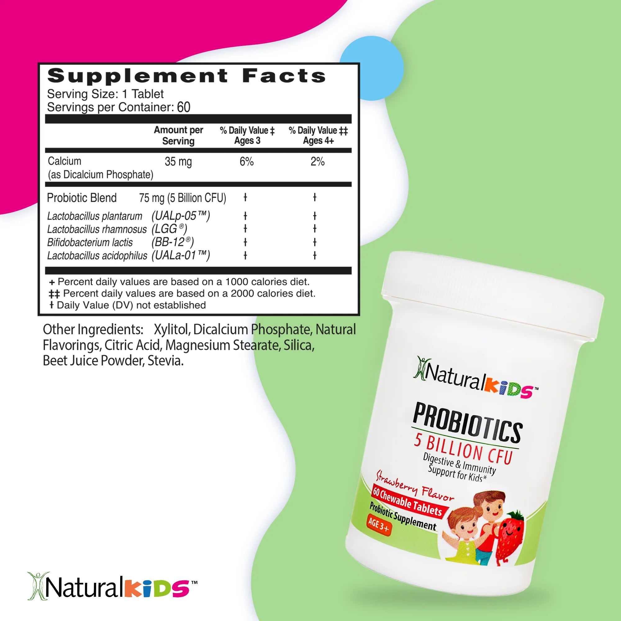 NaturalKids® PROBIOTICS™ Komprimieren Sie 5 Millionen UFC pro Portion | Compresse probiotiche masticabile 60 compresse masticabile | Gusto Fragola
