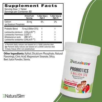 NaturalKids PROBIOTICS Chewable Tablets 5 Billion CFUs per Serving | Chewable Probiotics Tablets 60 Chewable Tablets | Strawberry Flavor - supplement facts label